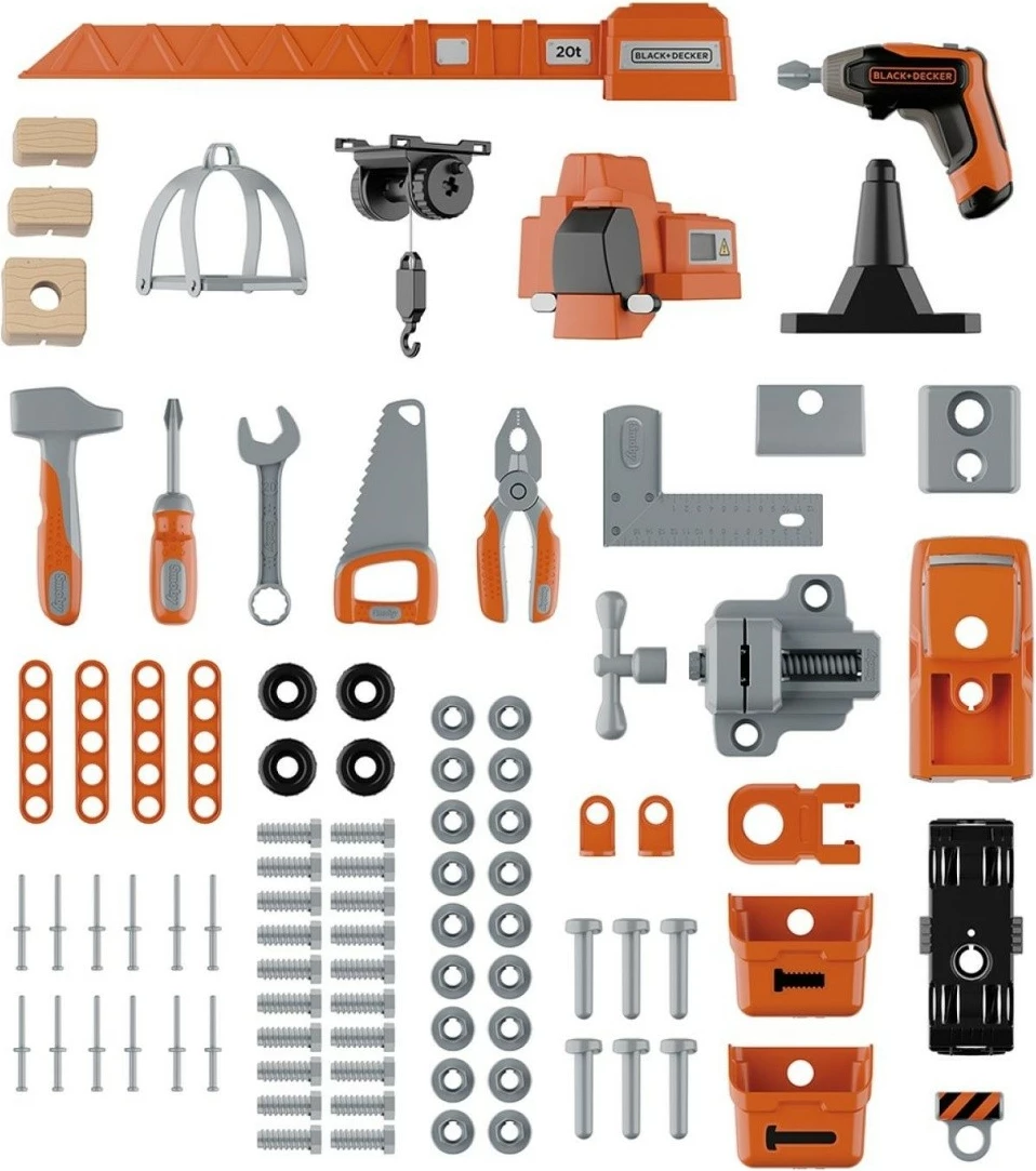 Set lodrash punëtori Smoby Black+Decker Bricolo Builder me vinç, plastikë, shumëngjyrëshe