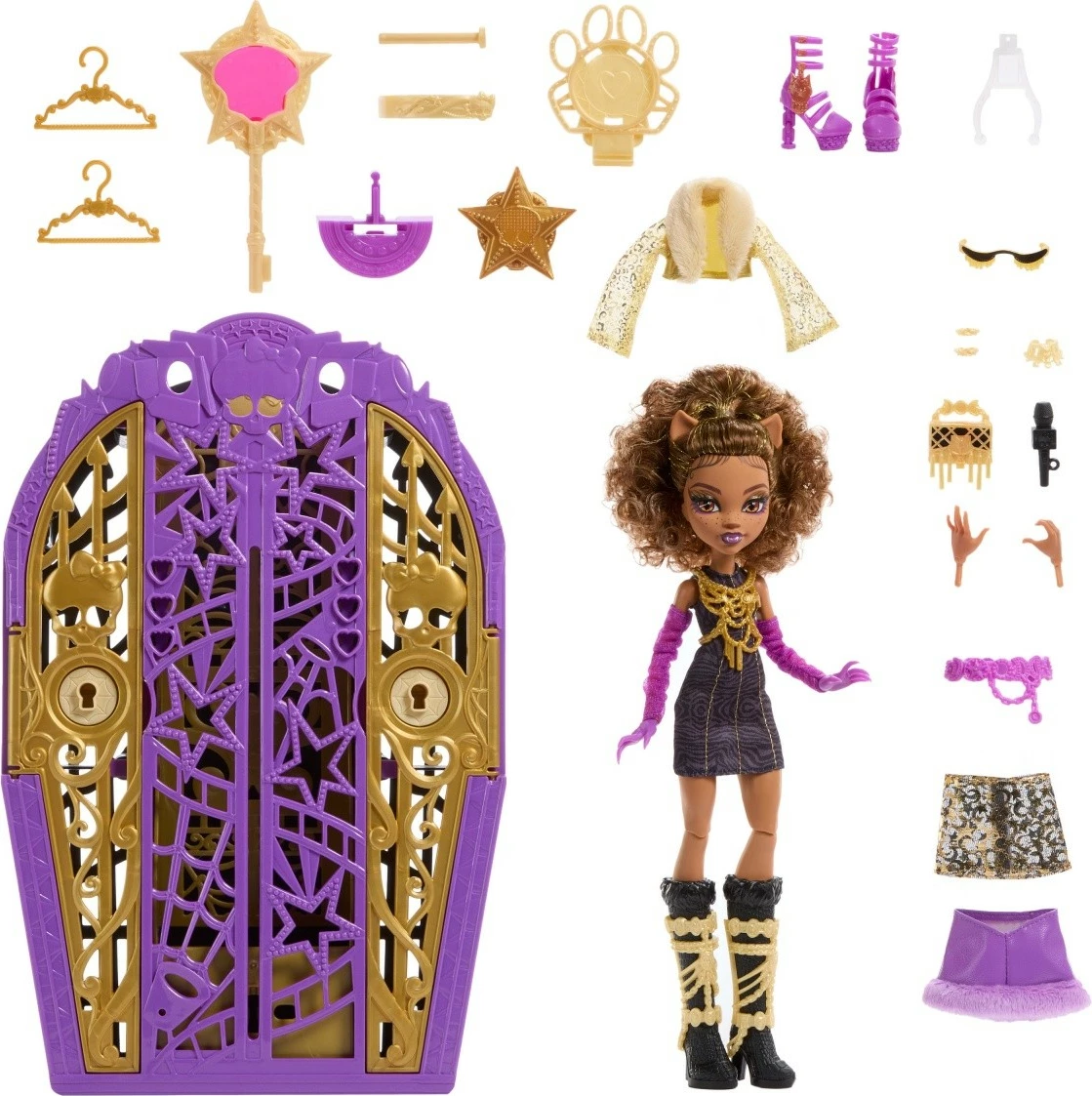Set lodër Monster High Mattel Clawdeen Wolf Secret Secrets me dollap dhe aksesorë, vjollcë/artë