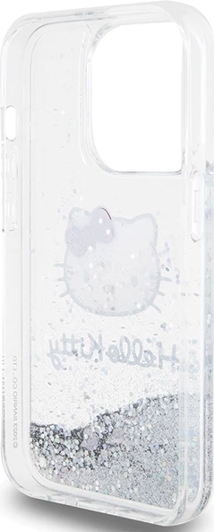 Mbështjellës Hello Kitty Liquid Glitter Charms Kitty Head për iPhone 15 Pro, argjend