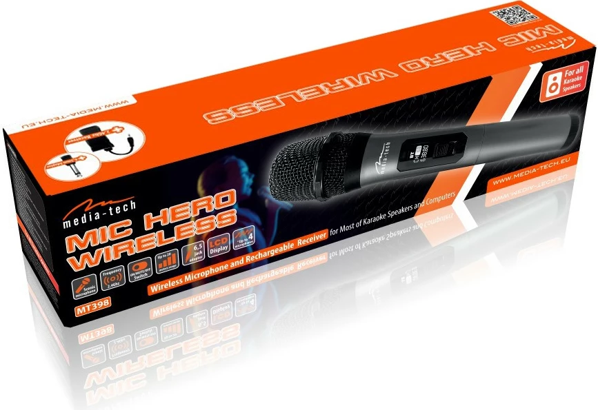 Mikrofon pa tela, Media-Tech MT398, 2.4 GHz 20 m, LCD, për altoparlantë me 3.5 mm/6.3 mm, set, zi/grafit