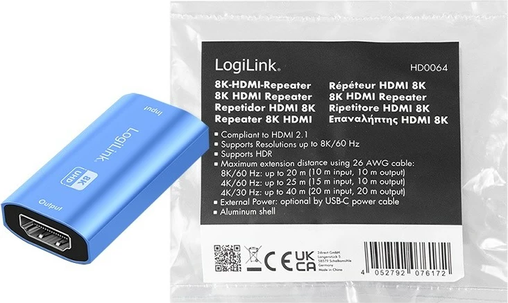 Përsëritës HDMI LogiLink HD0064, 8K/60Hz, alumini, blu