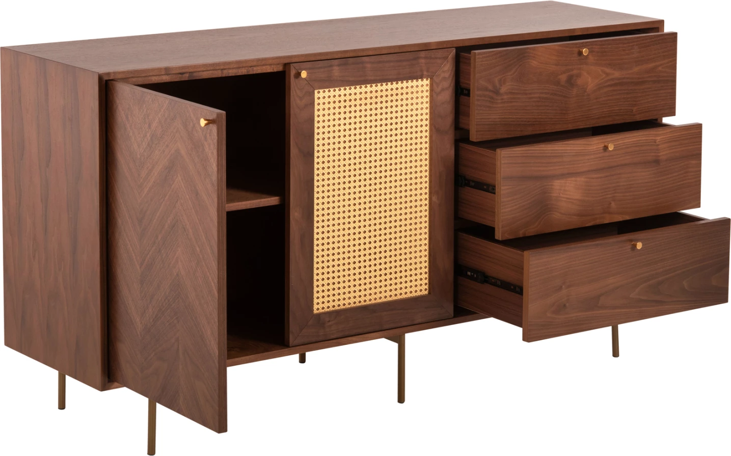 Bufet MEEN, FH9735, MDF, me furnir arre natyrale, këmbë metali të arta, 150x40x80H cm