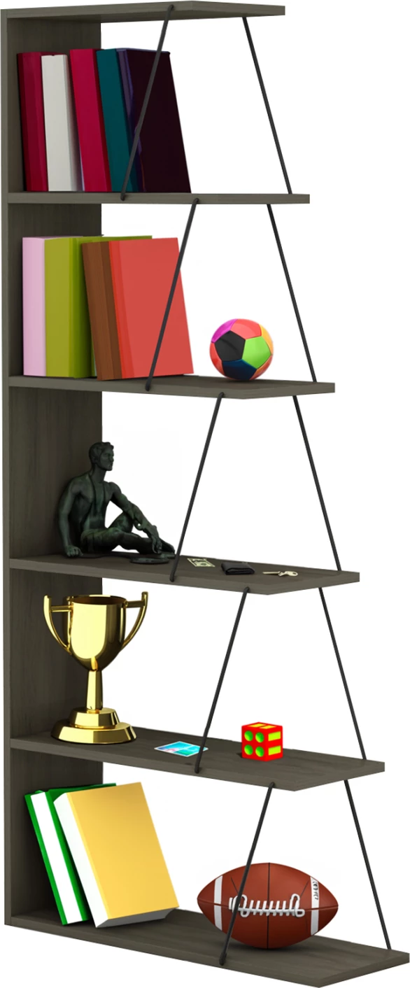 Raft librash MINI TARS FH2241.13, melaminë gri ulliri, shufra metali të zeza, 65x22-24x146H cm