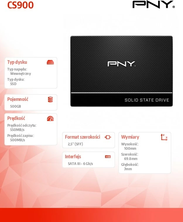 Kasë SSD PNY CS900, 500GB, 2.5", SATA III