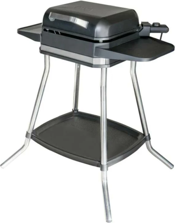 Grill elektrik 2‑në‑1 me këmbë dhe tavoline, Unold Jimmi 58585, deri 300°C, pllakë jo‑ngjitëse me faqe të lëmuara dhe të brinjëzuara, i zi