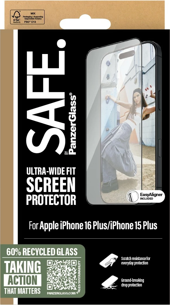 Mbrojtës ekrani PanzerGlass SAFE. iPhone 16/15 Plus, kornizë e zezë
