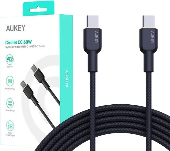 Kabllo AUKEY CB-NCC2 USB-C në USB-C, 1.8m, 60W, Najlon, E zezë