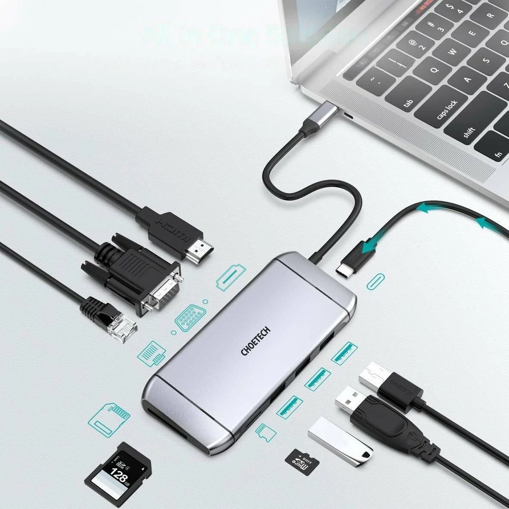 Kasë Choetech HUB-M15, 9 porte, USB Type-C, HDMI 4K, VGA, RJ45, Gri