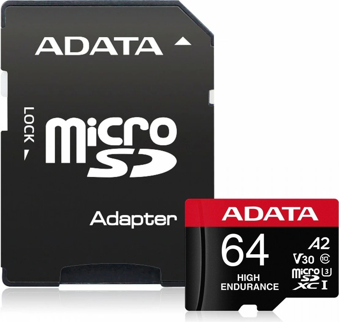 Kartelë memorie microSD Adata 64GB High Endurance, UHS-I U3 V30 A2, me adapter, e zezë