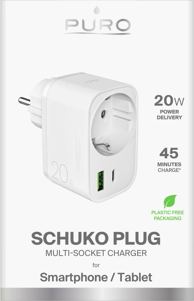 Karikues muri Puro PUTCSPUSBAC20WWHI, 20W, 2 porta (USB-C + USB-A), prizë Schuko, Bardhë