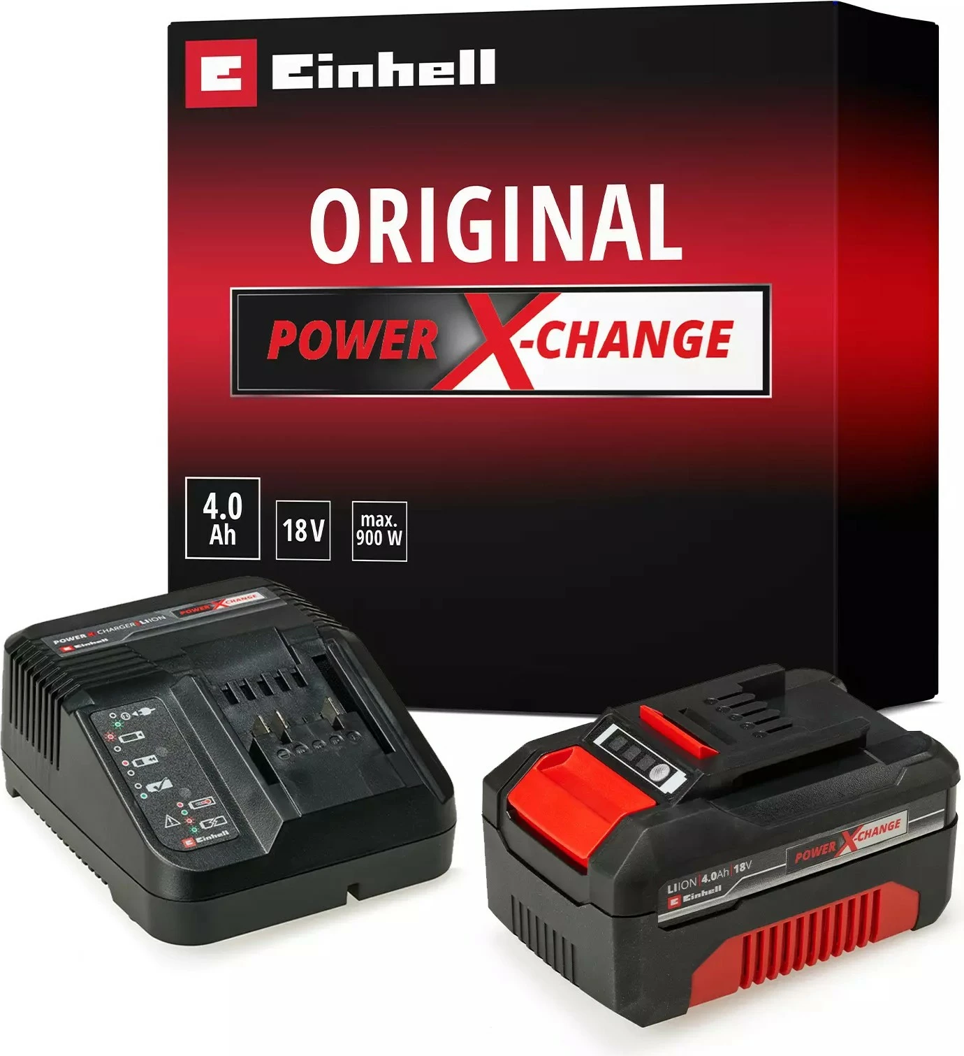 Bateri dhe karikues Einhell Power X-Change 18V 4Ah, e zezë/kuqe