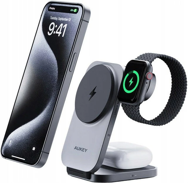 Karikues wireless 3-në-1 AUKEY LC-MC312 MagSafe Qi2, 15W + Karikues PD 30W, Gri, me etui