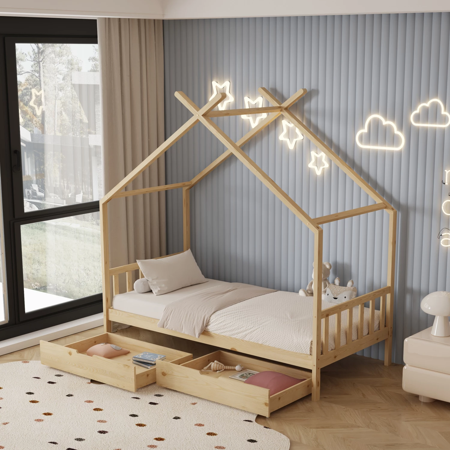 Krevat për fëmijë KLARICE FH680.01 t.MONTESSORI-2 sirtarë- dru pishe i fortë në ngjyrë natyrale- 190x90cm