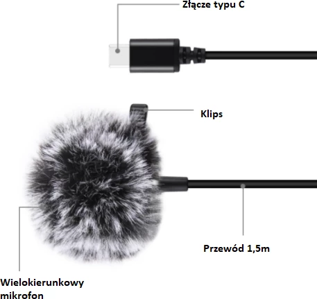 Mikrofon lavalier Puluz PU425 me klip, 1.5m, USB-C, i zi