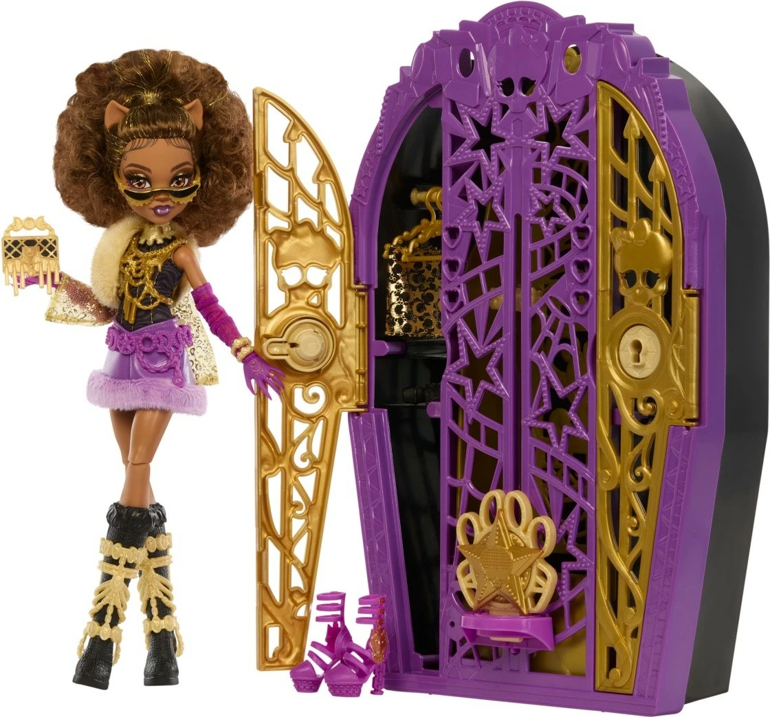 Set lodër Monster High Mattel Clawdeen Wolf Secret Secrets me dollap dhe aksesorë, vjollcë/artë