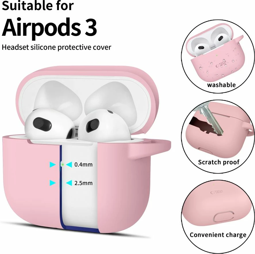 Mbështjellës Tech-Protect për AirPods 3, silikon, me karabiner, rozë