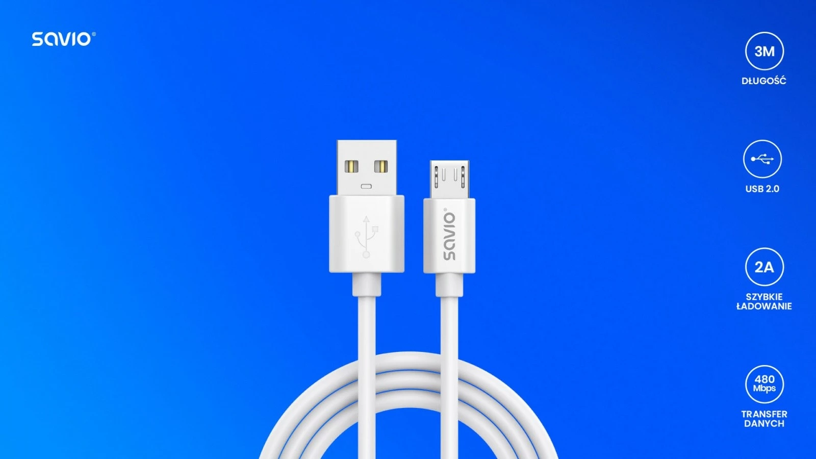 Kabllo USB-A në micro USB Savio CL-167, 3m, Bardhë