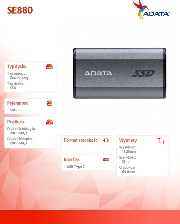 Disk i jashtëm SSD Adata SE880, 500GB, USB 3.2 Gen2x2, Titanium
