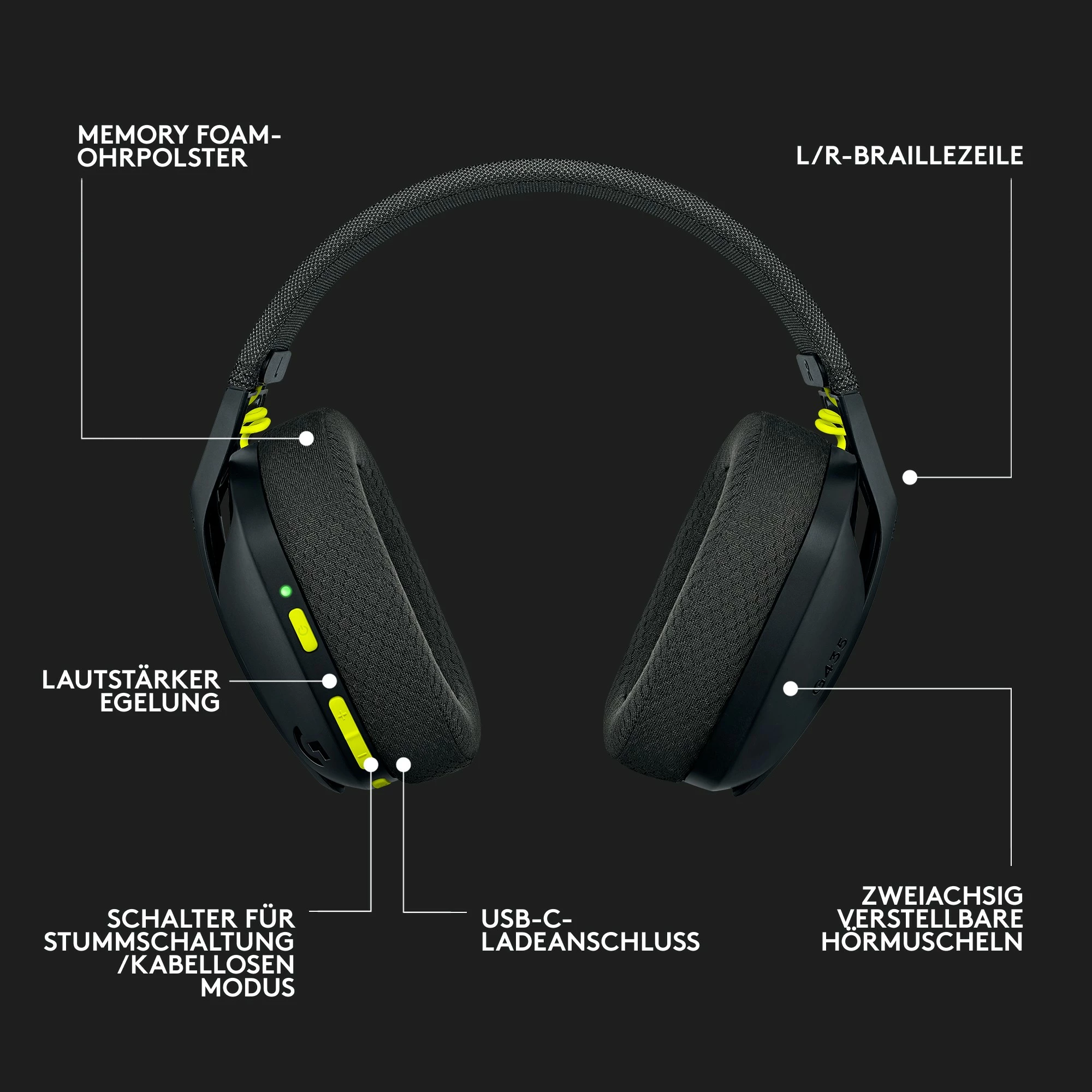 Kufje gaming Logitech G435 LIGHTSPEED, pa tela, e zezë dhe e verdhë neon