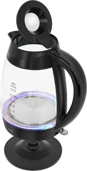 Zierëse uji elektrike Lafe Essential XL LAFCZA47573 2L 2200W xhami tregues niveli me ndriçim filtër sedimenti bazë rrotulluese, e zezë/transparente