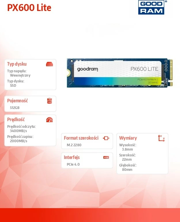 SSD GOODRAM PX600 Lite 512GB, M.2 2280, PCIe 4.0 NVMe