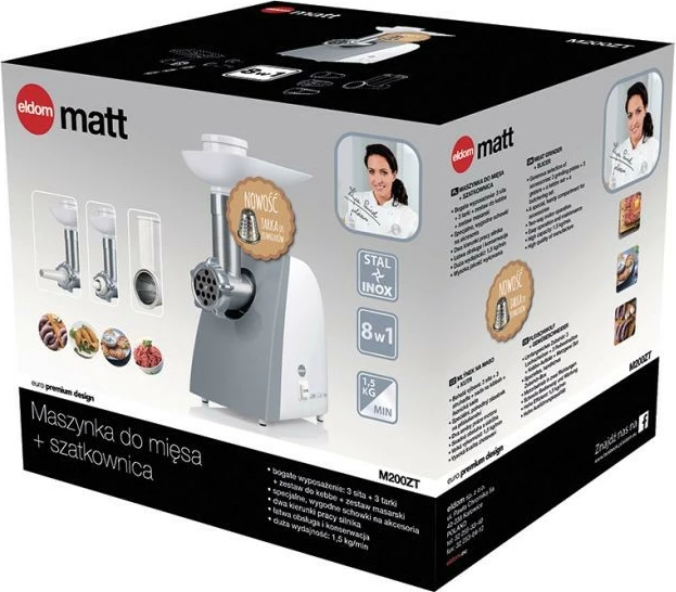 Makineri bluarëse mishi dhe prerëse perimesh Eldom M200ZT, 400W, gri/bardhë, set aksesorësh