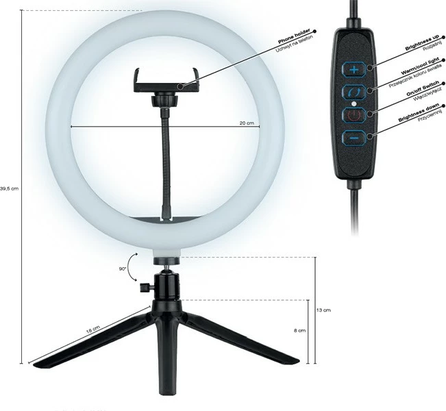 Ring Light Tracer TRAOSW46747 me tripod të vogël, 26 cm, LED, USB, e zezë