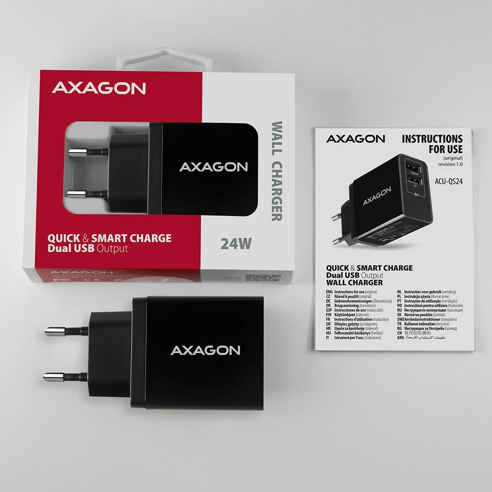 Karikues rrjeti AXAGON ACU-QS24, 24W, 2x USB-A, QC3.0/AFC/FCP, i zi