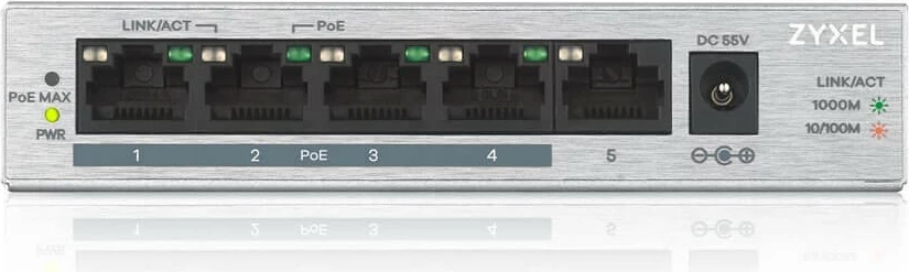 Switch Zyxel GS1005HP, 5 porta Gigabit, 4 PoE+, desktop, i argjendtë