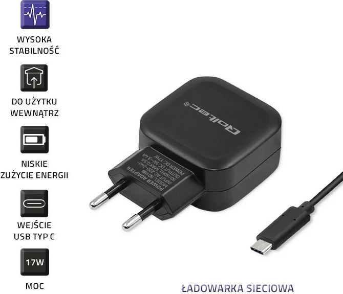 Karikues muri Qoltec 50188, 17W, 2xUSB + kabllo USB Type-C, i zi