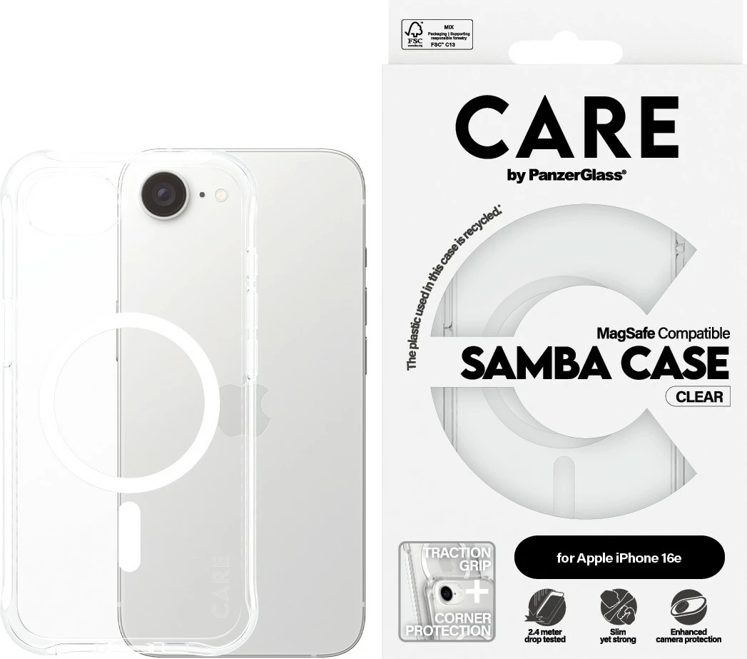 Mbështjellës PanzerGlass CARE Case Samba MagSafe për iPhone 16e, transparent
