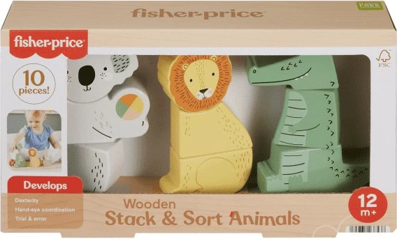 Lodër druri Fisher Price HXV04, kafshë për renditje dhe vendosje, shumëngjyrëshe, set me 10 pjesë