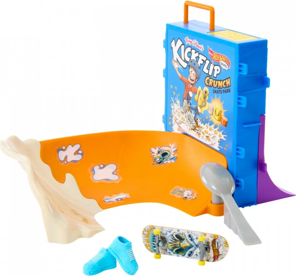 Set lodrash Hot Wheels Tony Hawk Skate Breakfast Ramp me finger skateboard dhe këpucë gishti, Multicolour