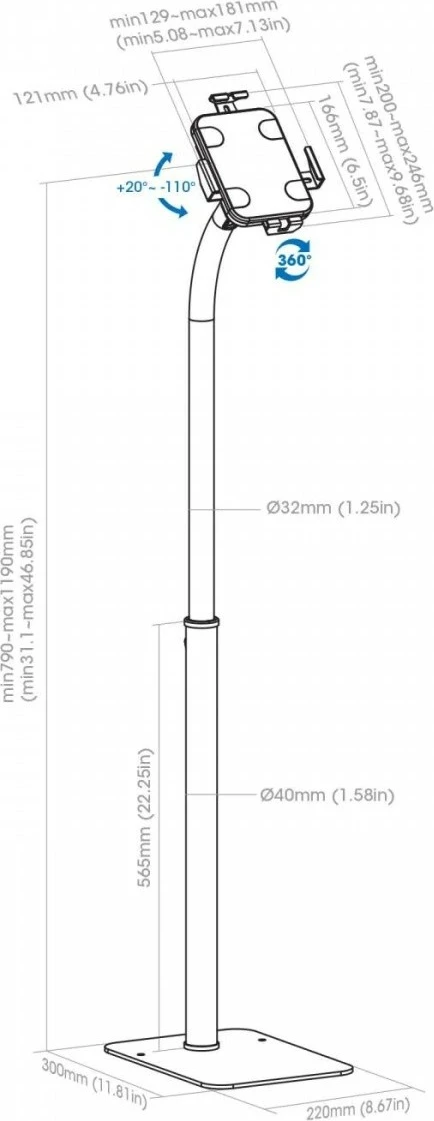 Mbajtëse dyshemeje për tabletë Techly 406345, për 7.9-11", e bardhë, me kyç sigurie