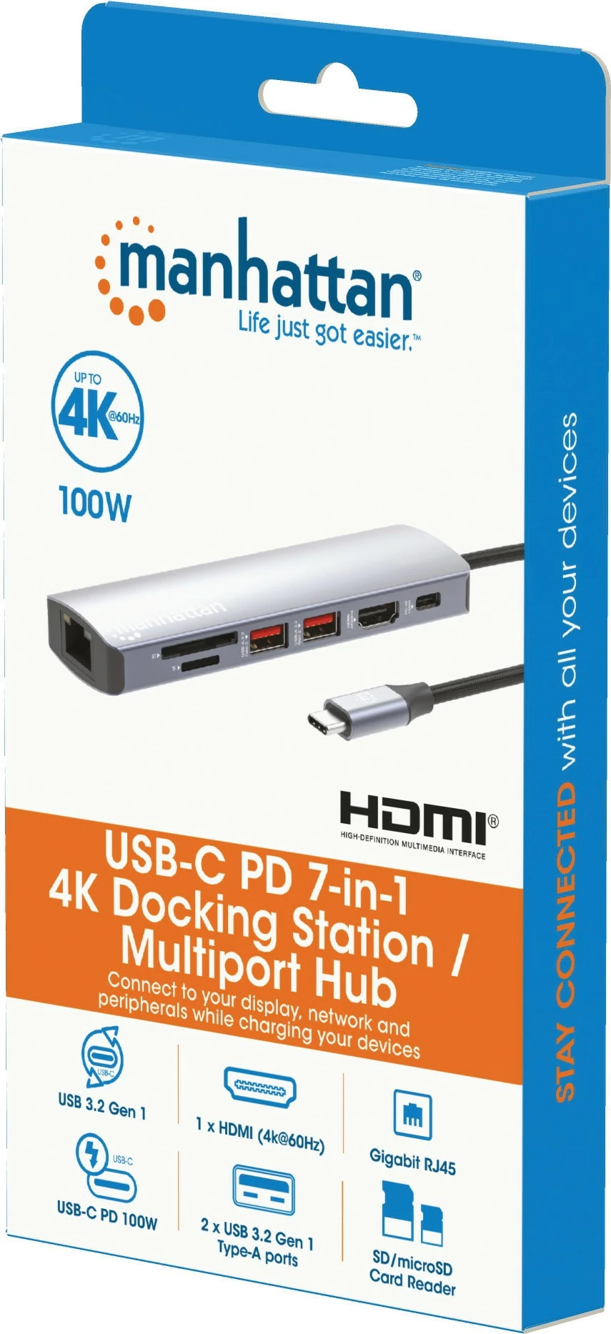 Docking station MANHATTAN 7-in-1, USB-C, 1x HDMI, 2x USB 10Gb/s, argjend