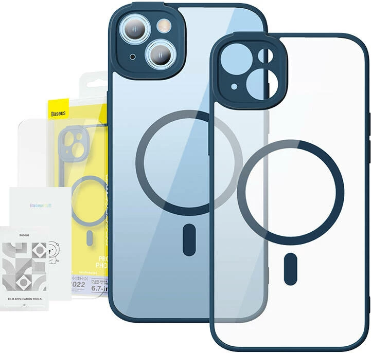 Mbështjellës magnetik Baseus Frame Series me xham të temperuar për iPhone 14 Plus, Blu, set