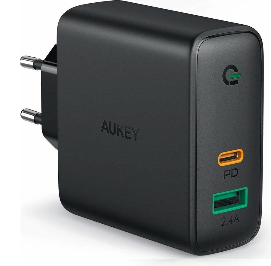 Karikues muri, AUKEY PA-D1, USB Power Delivery 30W, 2 porte (USB-C + USB-A), Dynamic Detect, e zezë