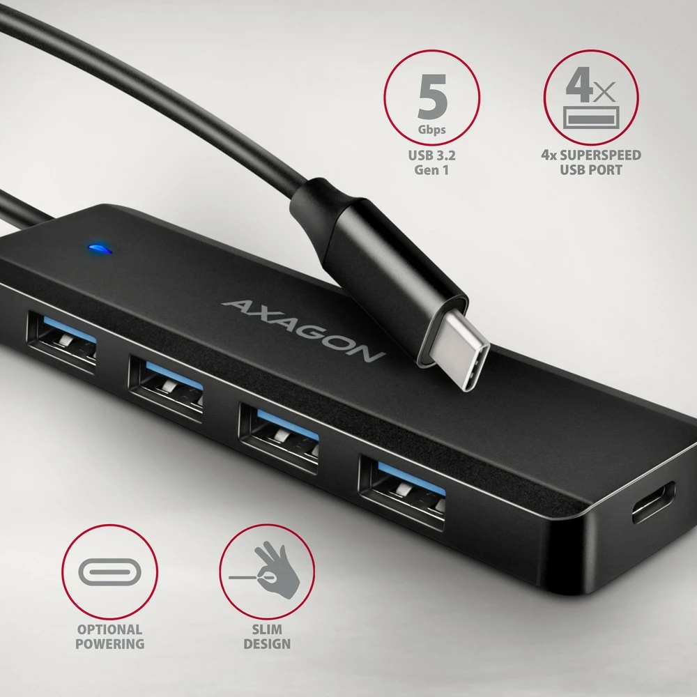 Hub USB AXAGON HUE-C1C, 4 porta, USB 5Gbps, kabllo Type-C 19cm, furnizim shtesë me USB-C, i zi