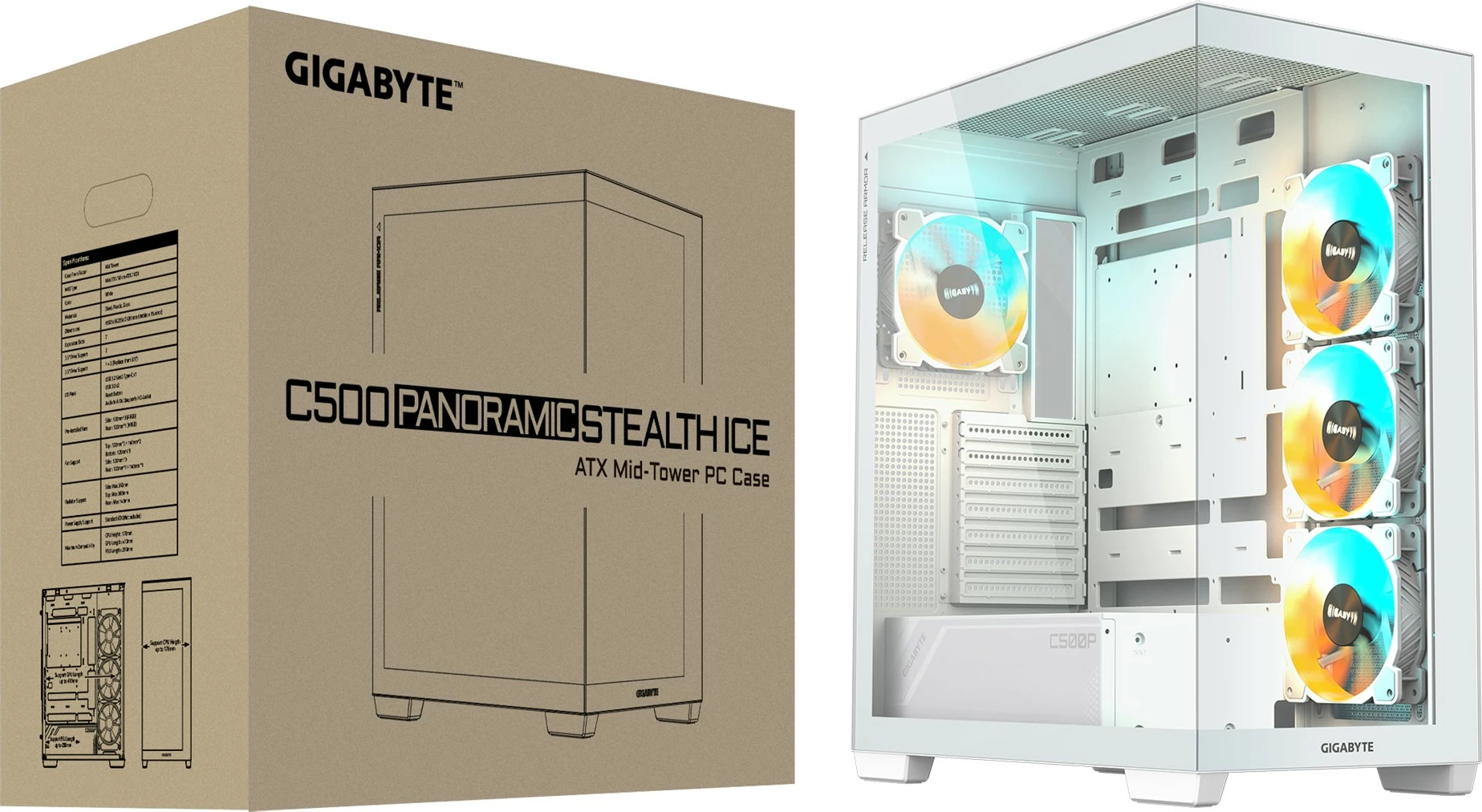 Kasë Gigabyte C500 Panoramic Stealth, Midi Tower, PC, ATX, Mini-ATX, Mini-ITX, e bardhë