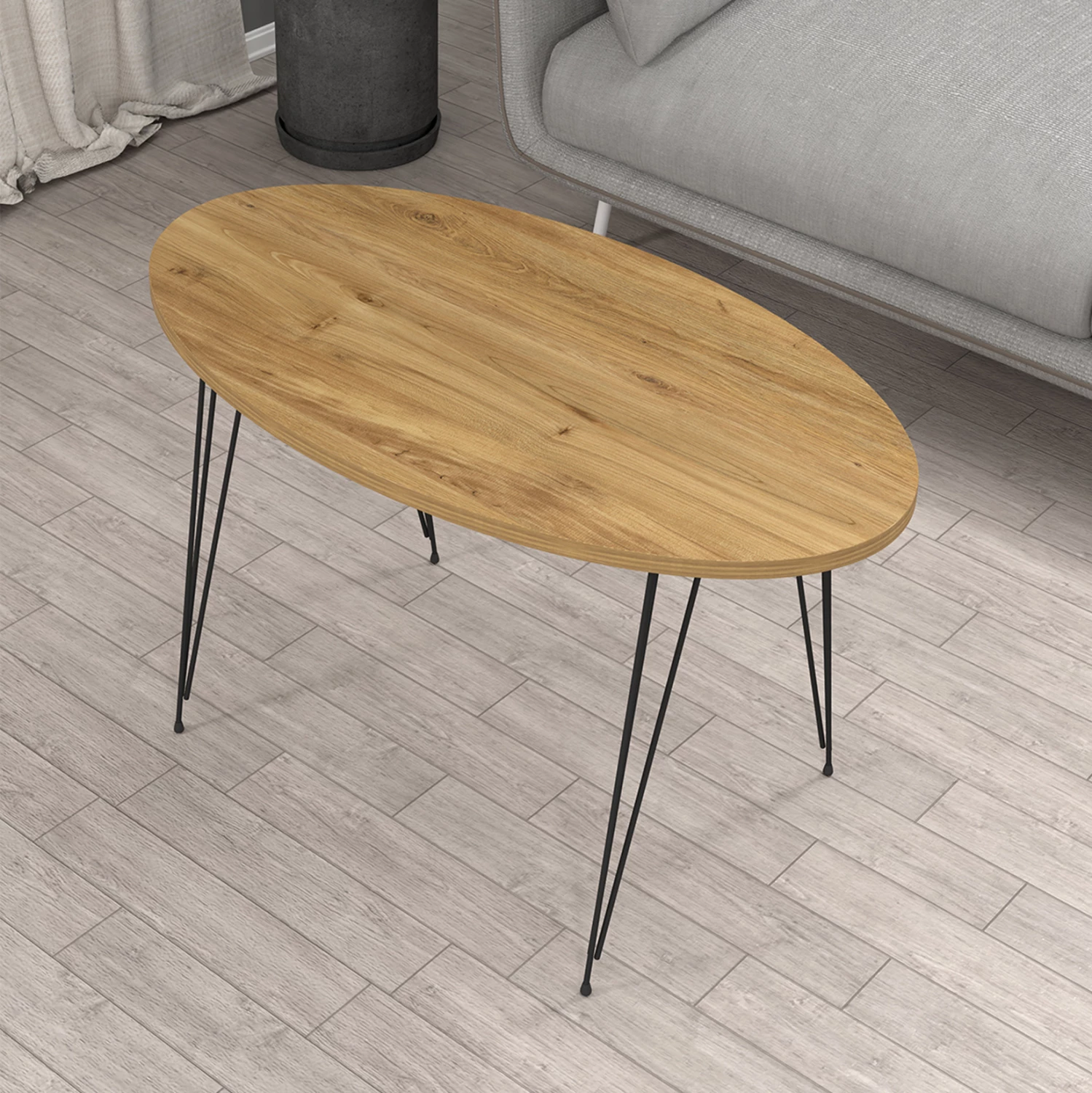 Tavolinë kafeje ovale, ngjyrë druri natyral, këmbë metali të zeza, GRANIT FH18177.04, 90x50x42 cm