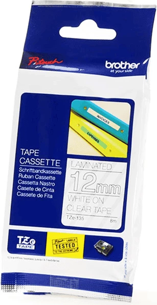 Kasetë etiketuese Brother TZe-135 12mm 8m e laminuar, e bardhë mbi transparente
