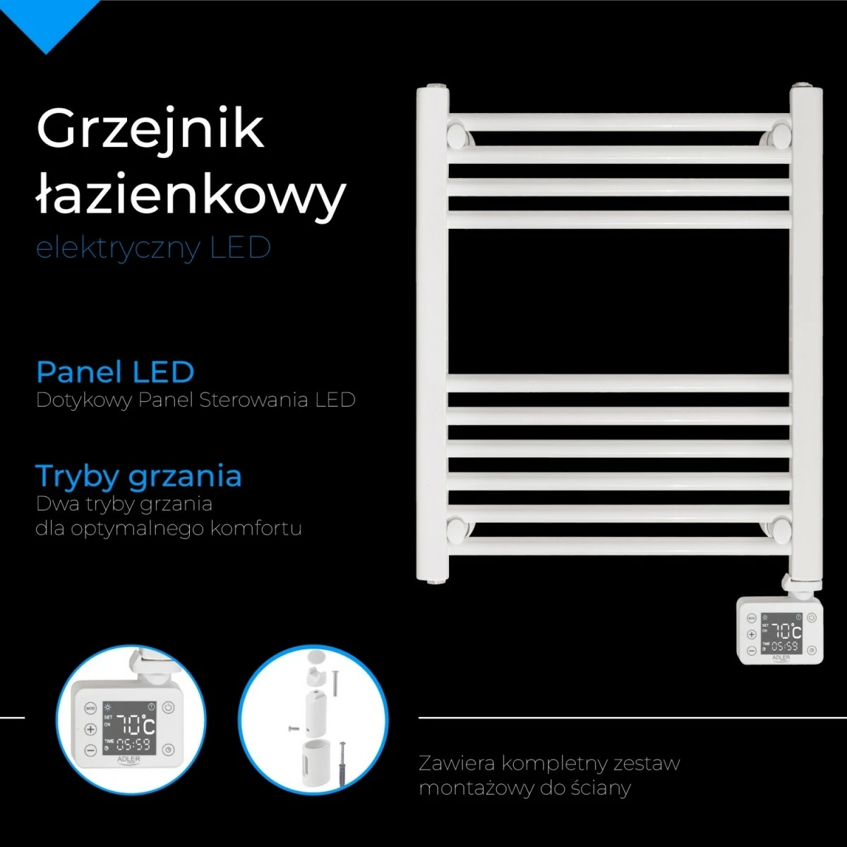 Ngrohës banjo elektrik, Adler AD 7823, 400 W, panel me prekje LED, timer 24h, IP24, i bardhë