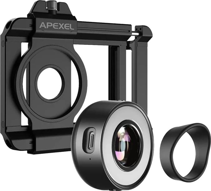 Lente zmadhimi për celular Apexel JeweLens 120X, me ndriçim LED, e zezë