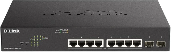 Switch D-Link DGS-1100-10MPV2, 8 porte Gigabit PoE+, 2 porte SFP, i zi