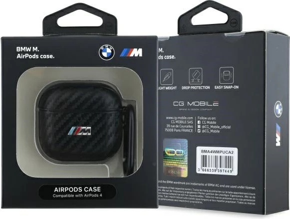 Mbështjellës BMW BMA4CMPUCA për AirPods 4, PU Carbon M Collection, i zi