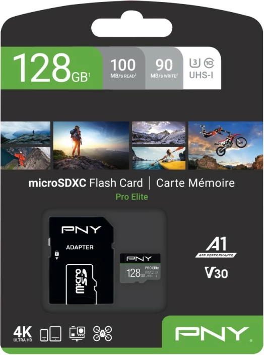 Kartelë memorie PNY PRO Elite 128GB microSDXC Class 10 UHS-I U3, zi/gri