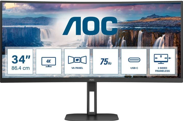 Monitor i harkuar, AOC CU34V5C, 34" UltraWide QHD 21:9 VA, USB-C 65W, PBP, i zi
