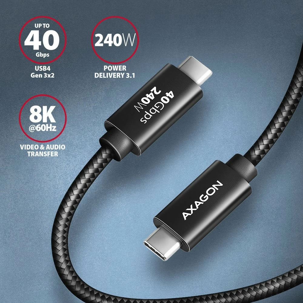 Kabllo USB-C në USB-C AXAGON BUCM4X-CM10AB, 1m, USB4 Gen 3x2, 240W, 8K, E zezë