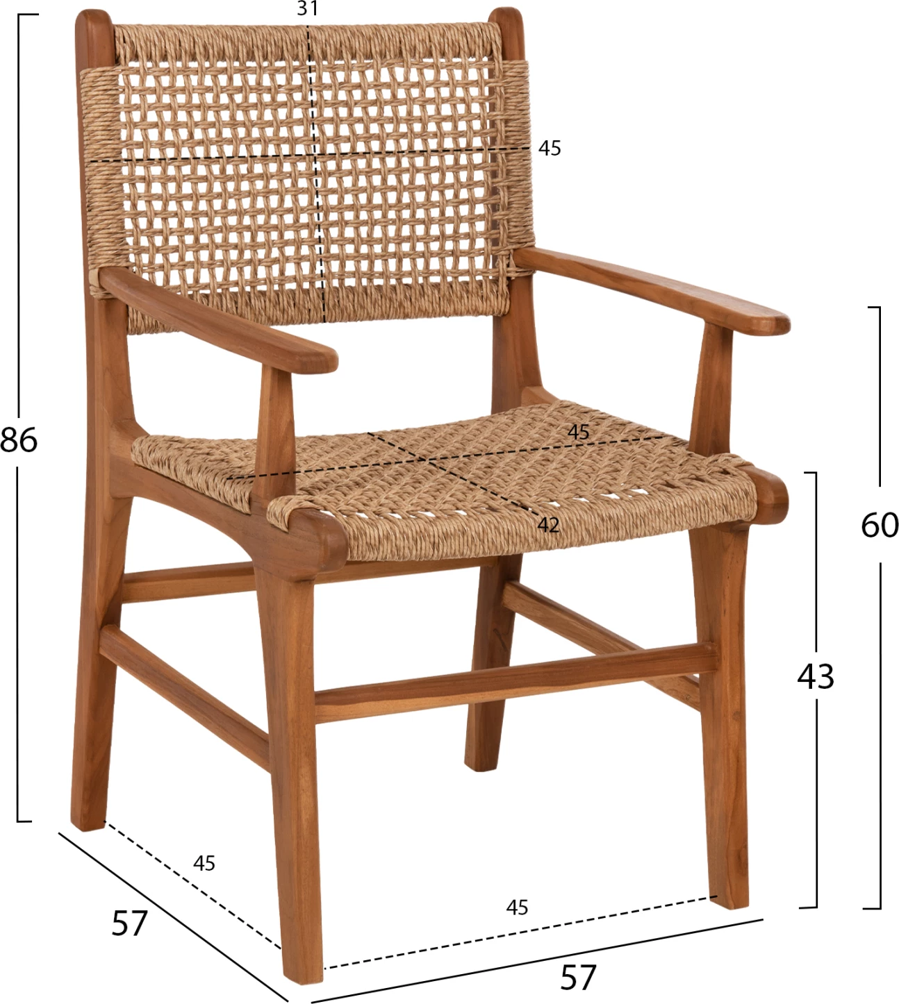 Karrige NESHA, dru TEAK, ngjyrë natyrale, VIRO litar, 57x57x86H cm., set prej 2 copë