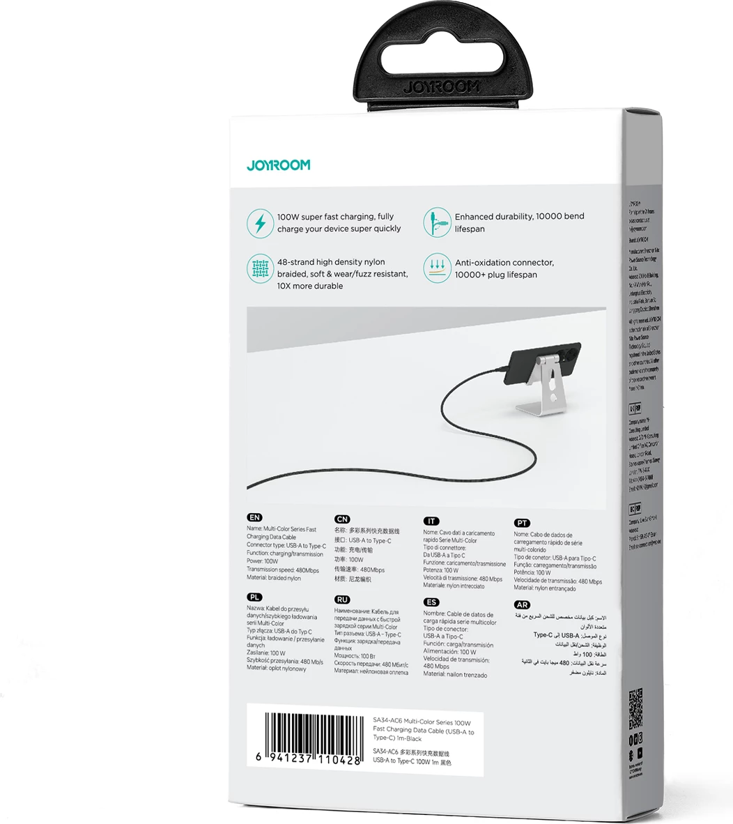 Kabllo Joyroom Multi-Color Series S-A34, USB-A në USB-C, 100W, 1m, e zezë